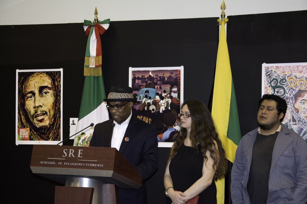 Intl. Reggae Poster Contest Founders, Michael Thompson and Maria Papaefstathiou. Next to them, Lenin Baru Vásquez Felipe of Mexico, 3rd winner of 2013 competition.
